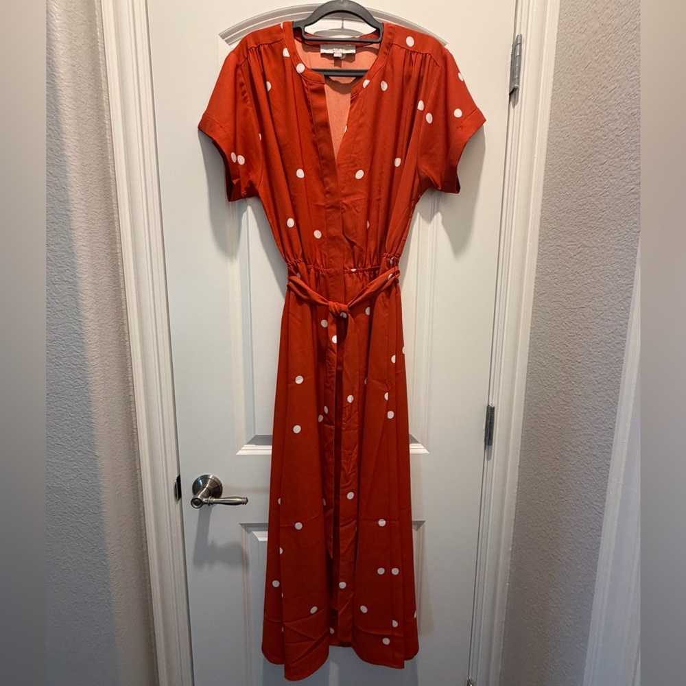 LOFT Rust and White Polka Dot Midi Dress